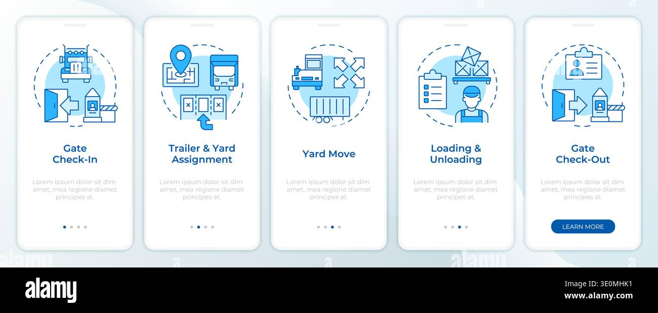 Yard management process flow blue onboarding mobile app screen Stock Vector