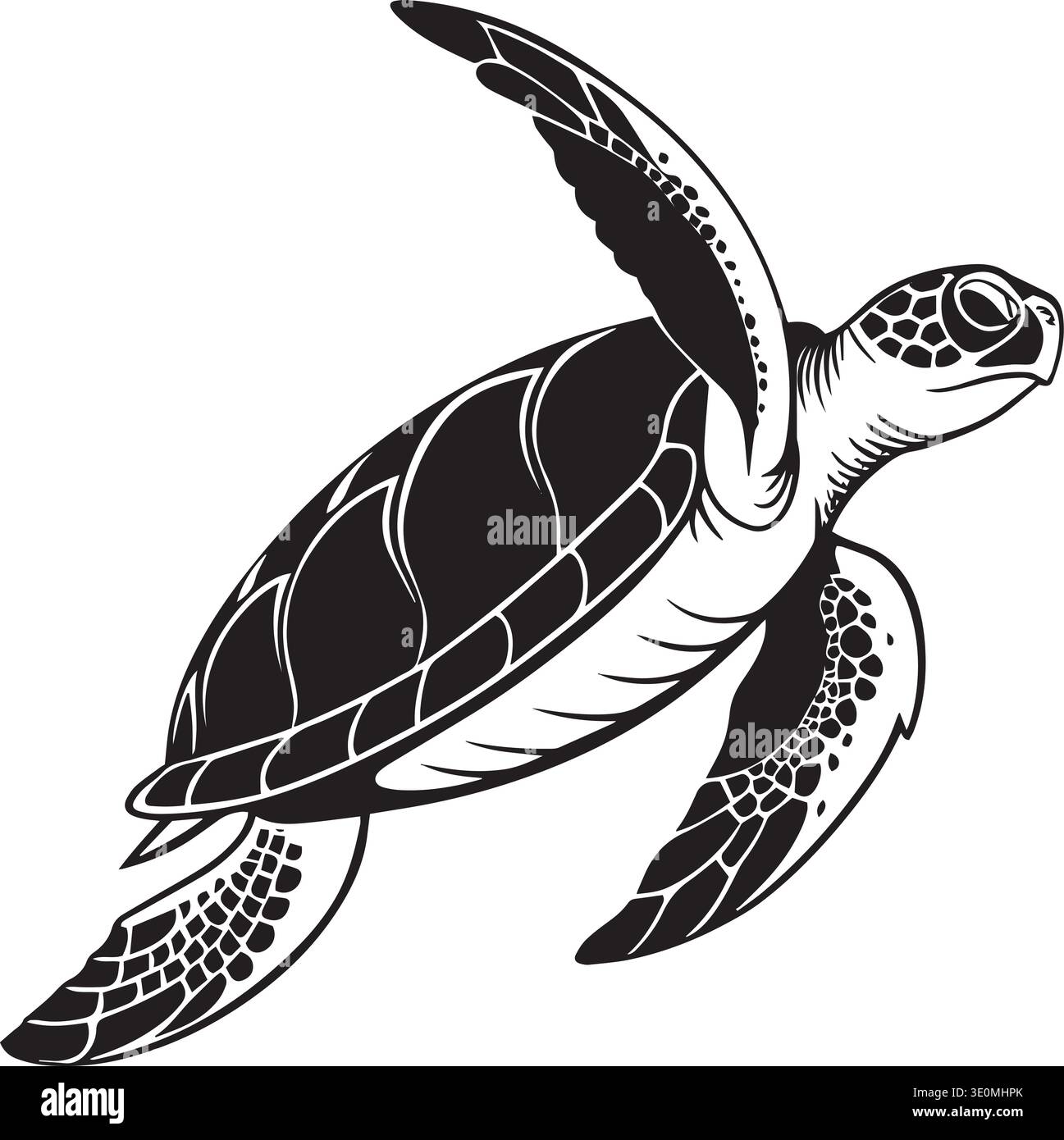 Black and white vector silhouette illustration of a sea turtle swimming ...