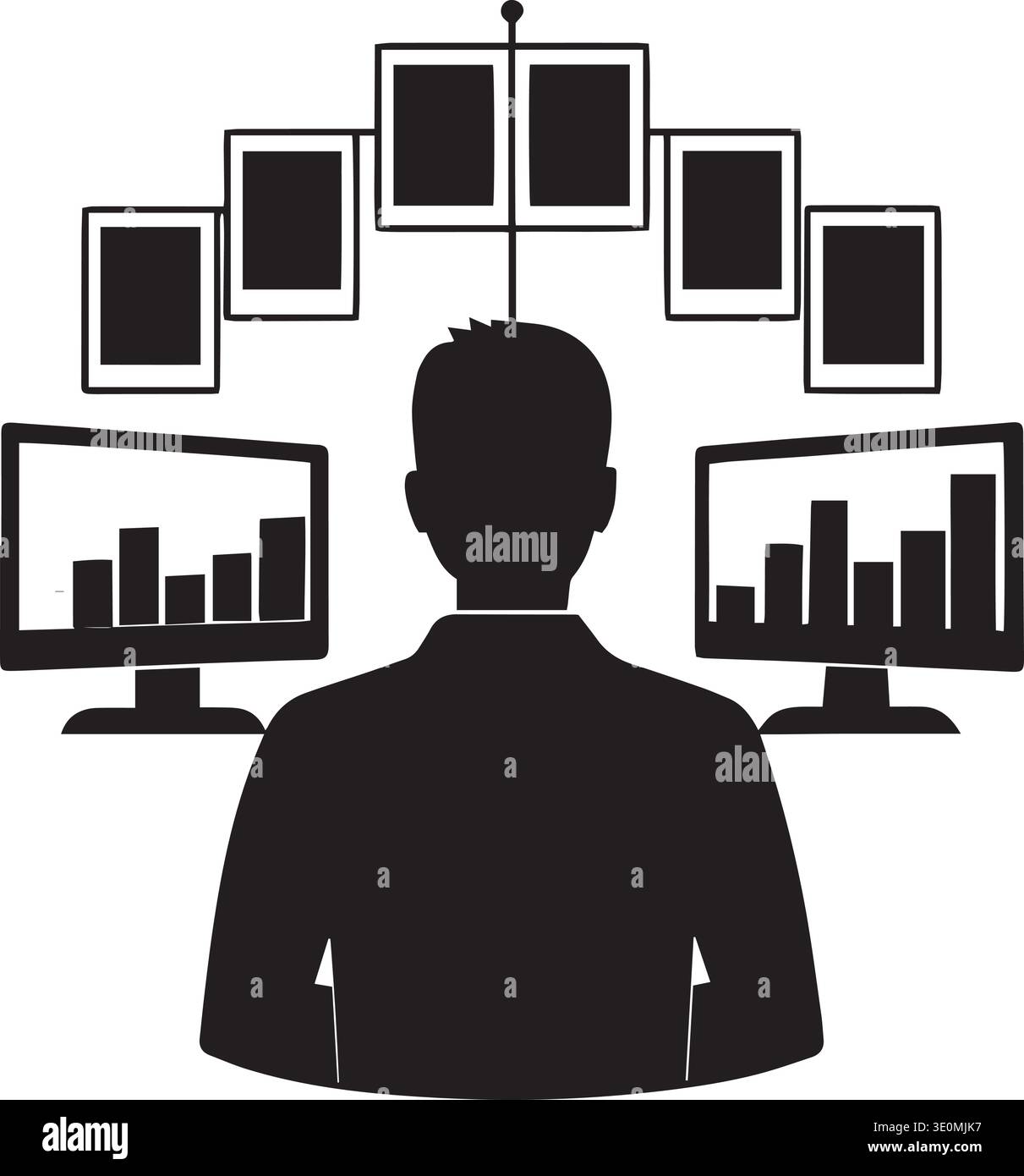 Multiple Monitoring Graph Black silhouette vector of a person monitoring multiple screens showing ...