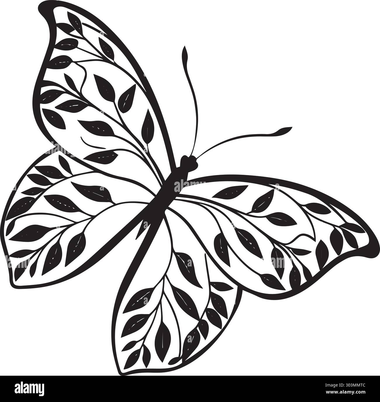 Black and white vector illustration of a butterfly with intricate leaf ...