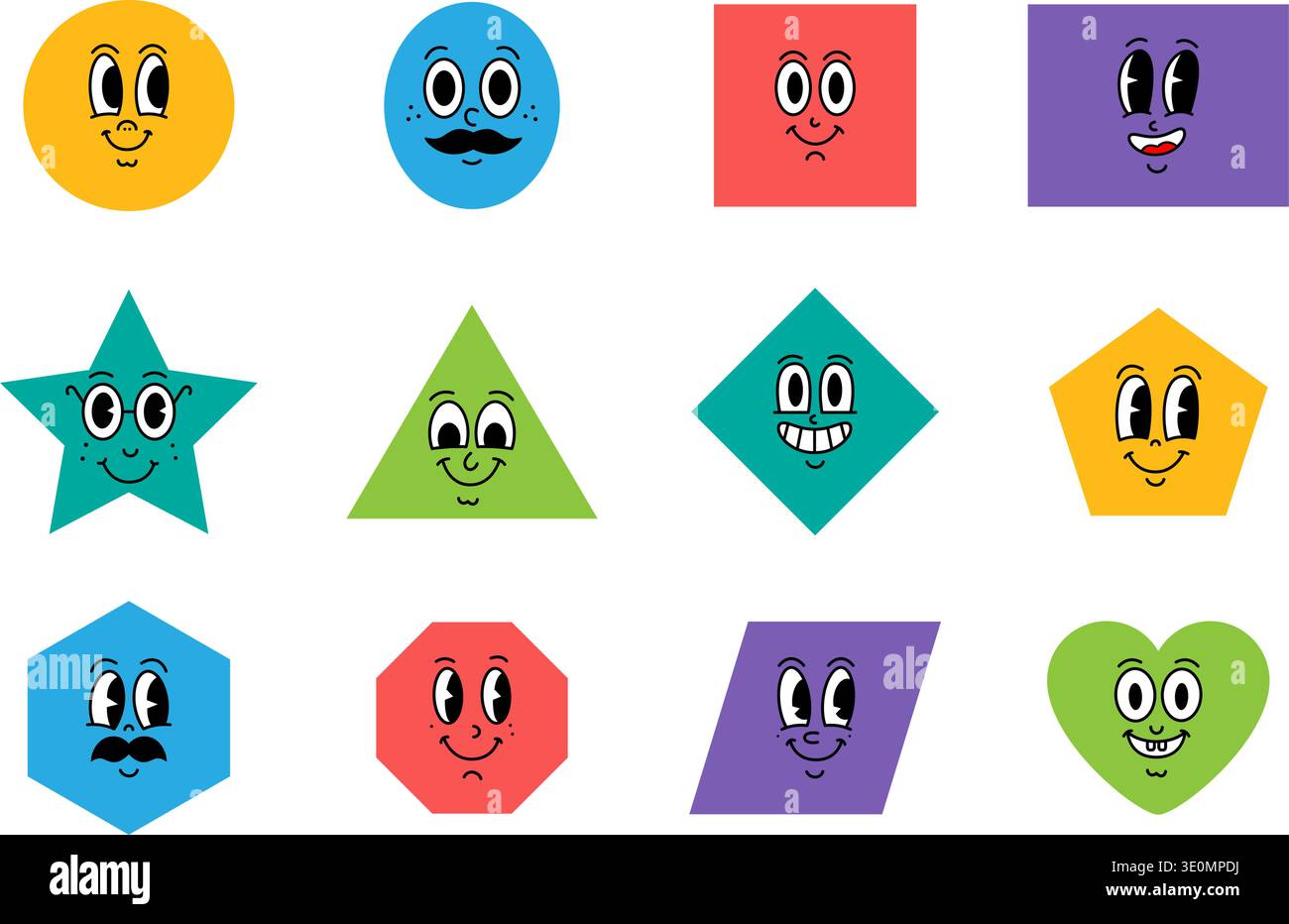 Colorful geometric shapes with cute cartoon faces. Fun vector characters for kids designs and educational themes. Stock Vector