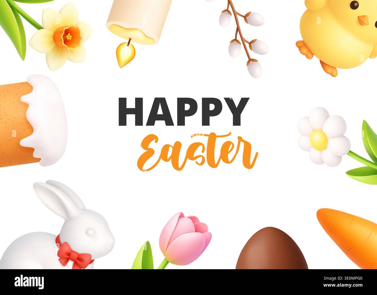 Happy Easter card with bunny, flowers and festive elements. 3D spring composition Stock Vector