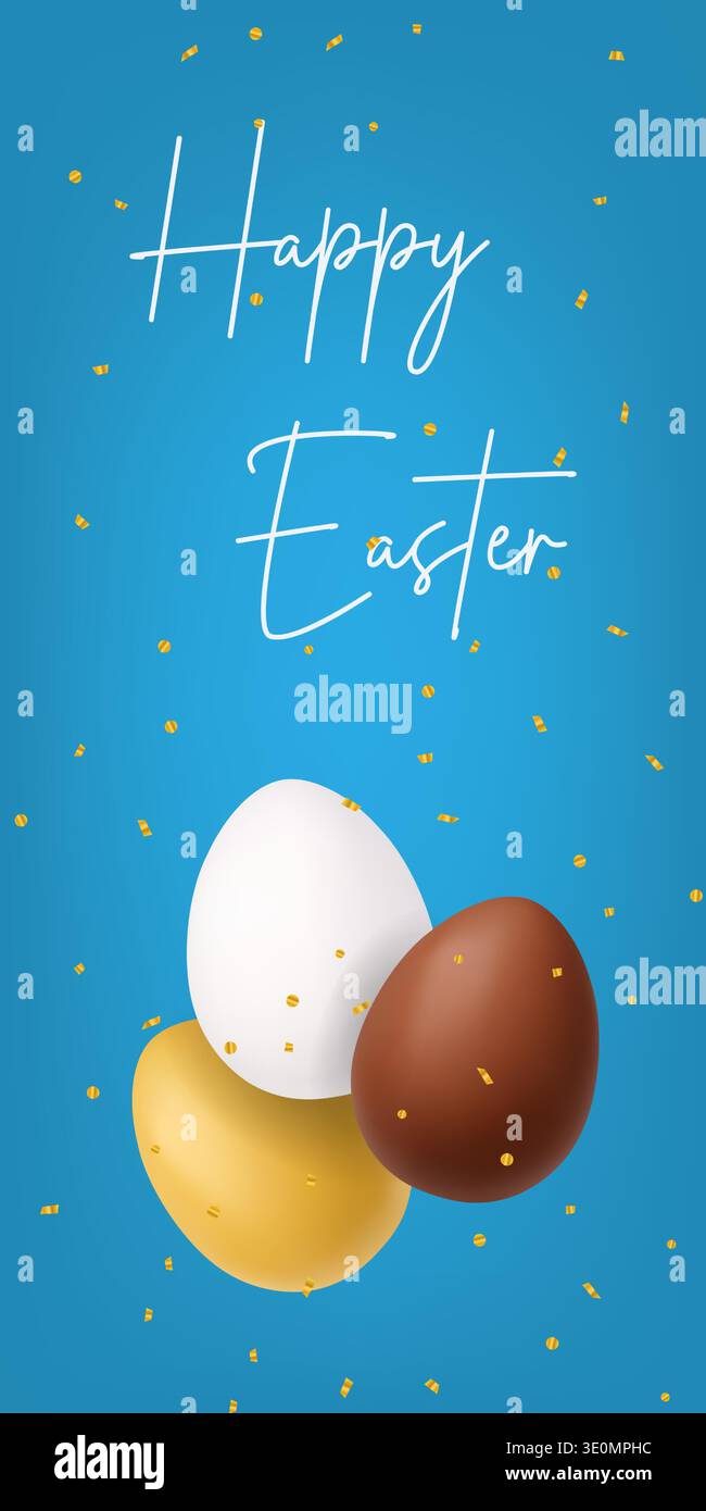 Happy Easter blue banner with golden, white and chocolate eggs. Festive 3D holiday background Stock Vector