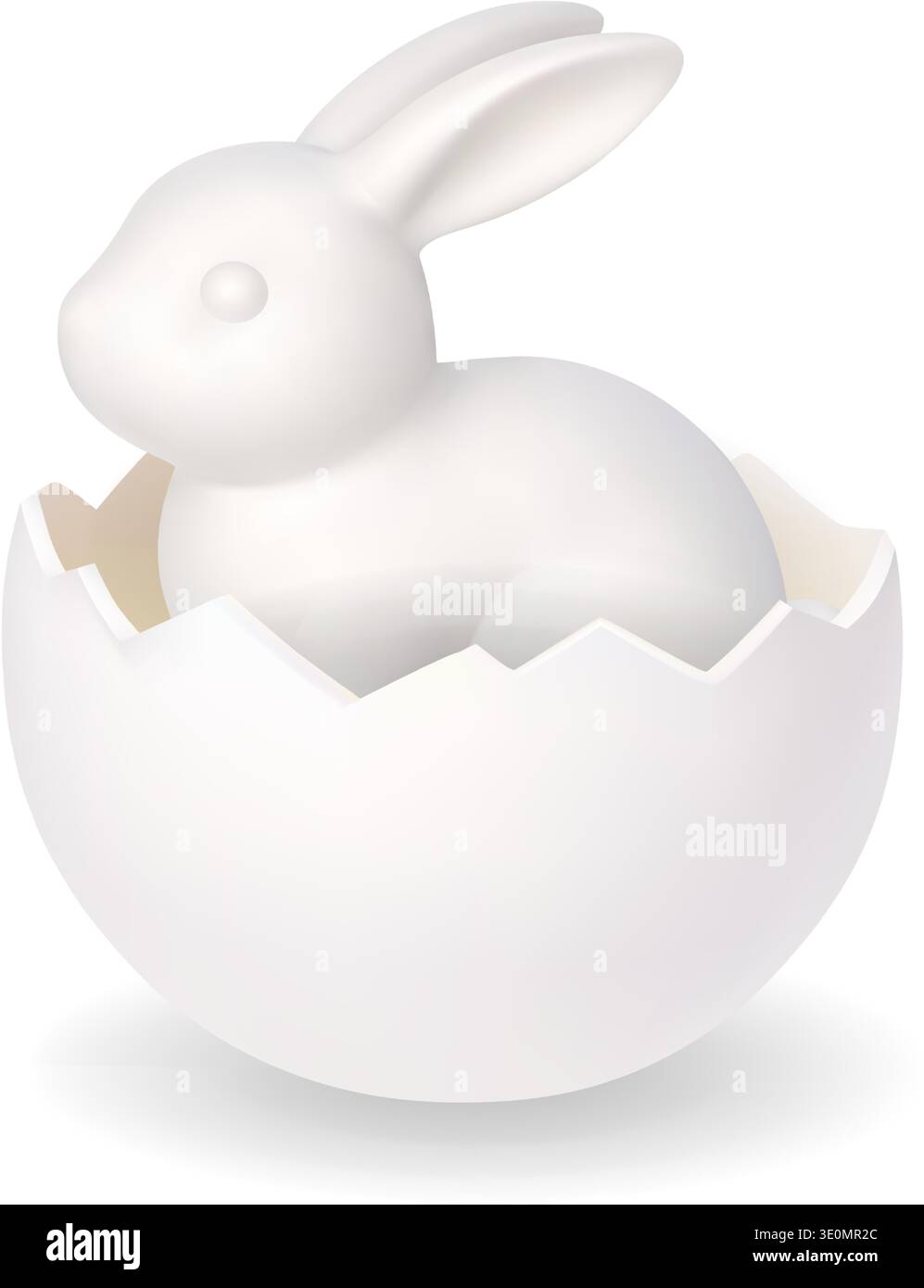 White bunny sitting inside cracked egg shell. Minimal 3D Easter rabbit illustration Stock Vector