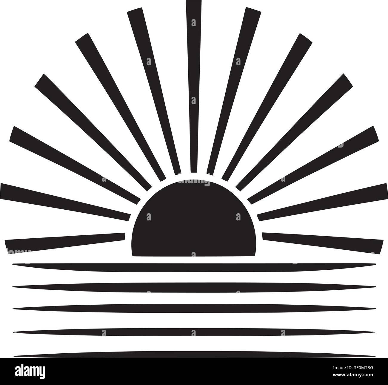 Vector silhouette of a half sun with bold radiating rays rising above ...