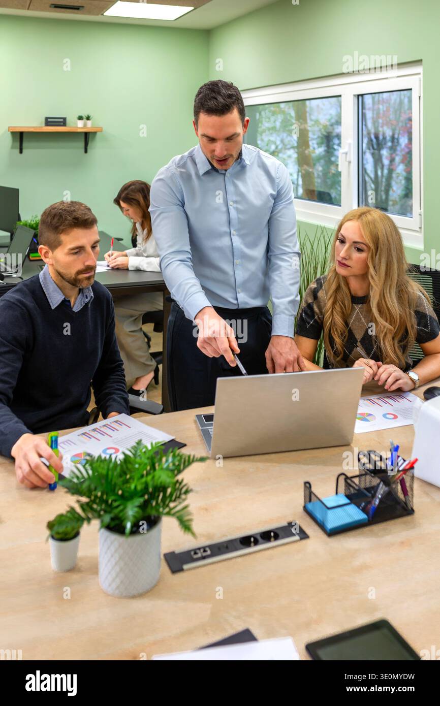 Business people collaborating on a laptop during a meeting in coworking office located in the forest Stock Photo