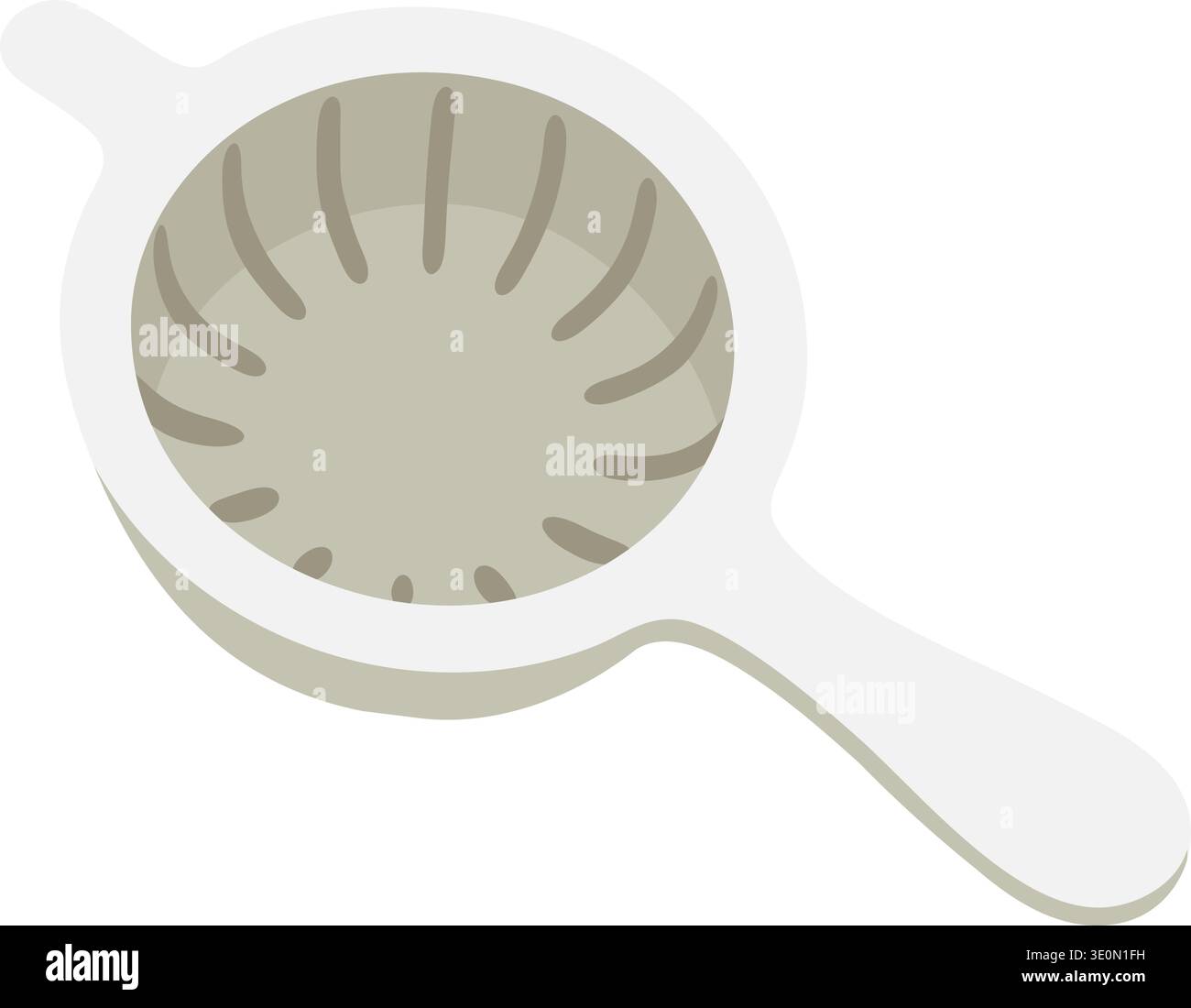 Flat illustration of a handheld strainer with round basket and handle in light gray Stock Vector