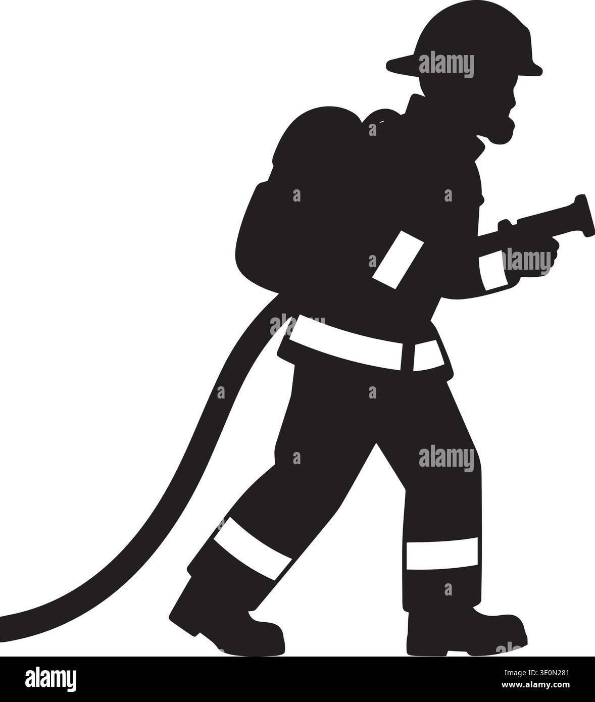Black silhouette vector of a firefighter in full gear holding a fire ...