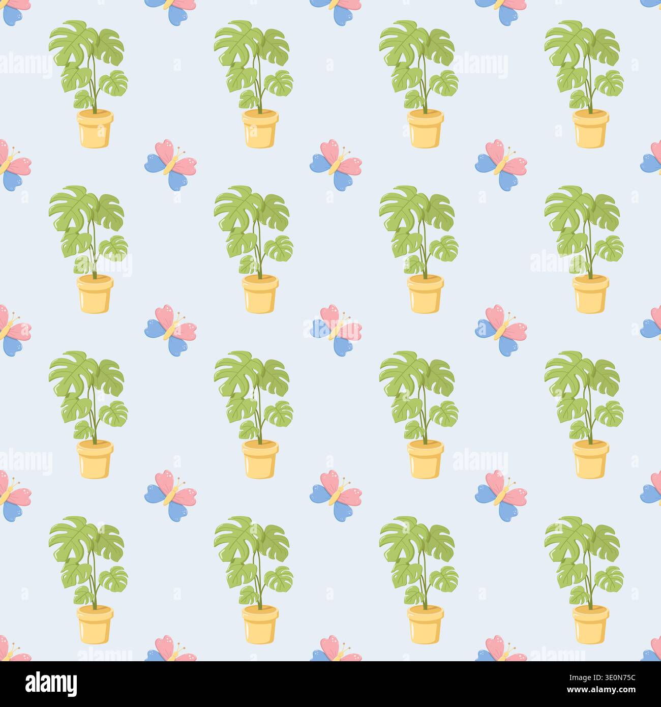 Monstera Plants and Butterflies Pattern Stock Vector