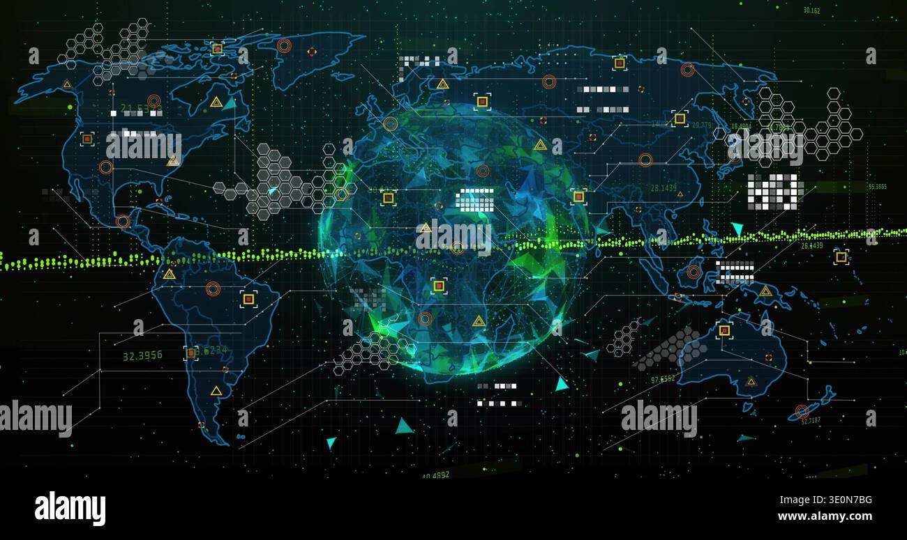 Displaying central stylized globe rotating on virtual HUD, with map-outlines, hex-grids, waveform Stock Photo