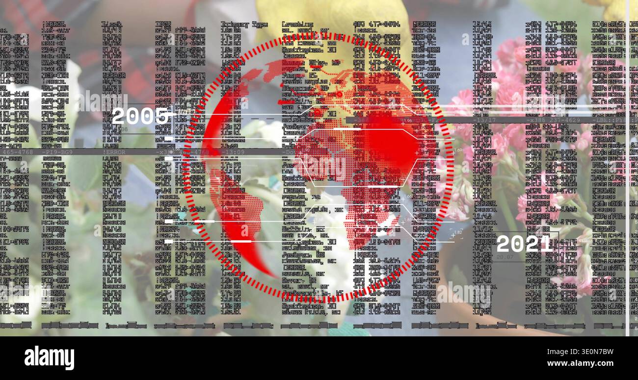Displaying central red globe intersecting horizontal timeline at florist counter, with data columns Stock Photo