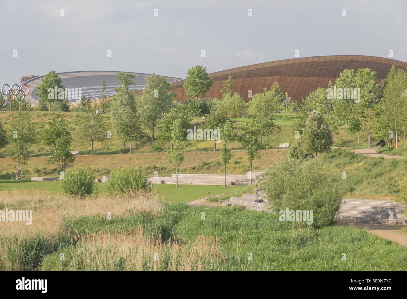 London Olympic rings and Lee Valley VeloPark on Queen Elizabeth Olympic Park in London, UK Stock Photo