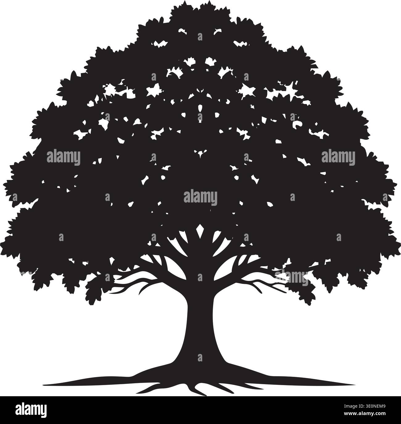 Black and white vector silhouette of large oak tree with full canopy ...