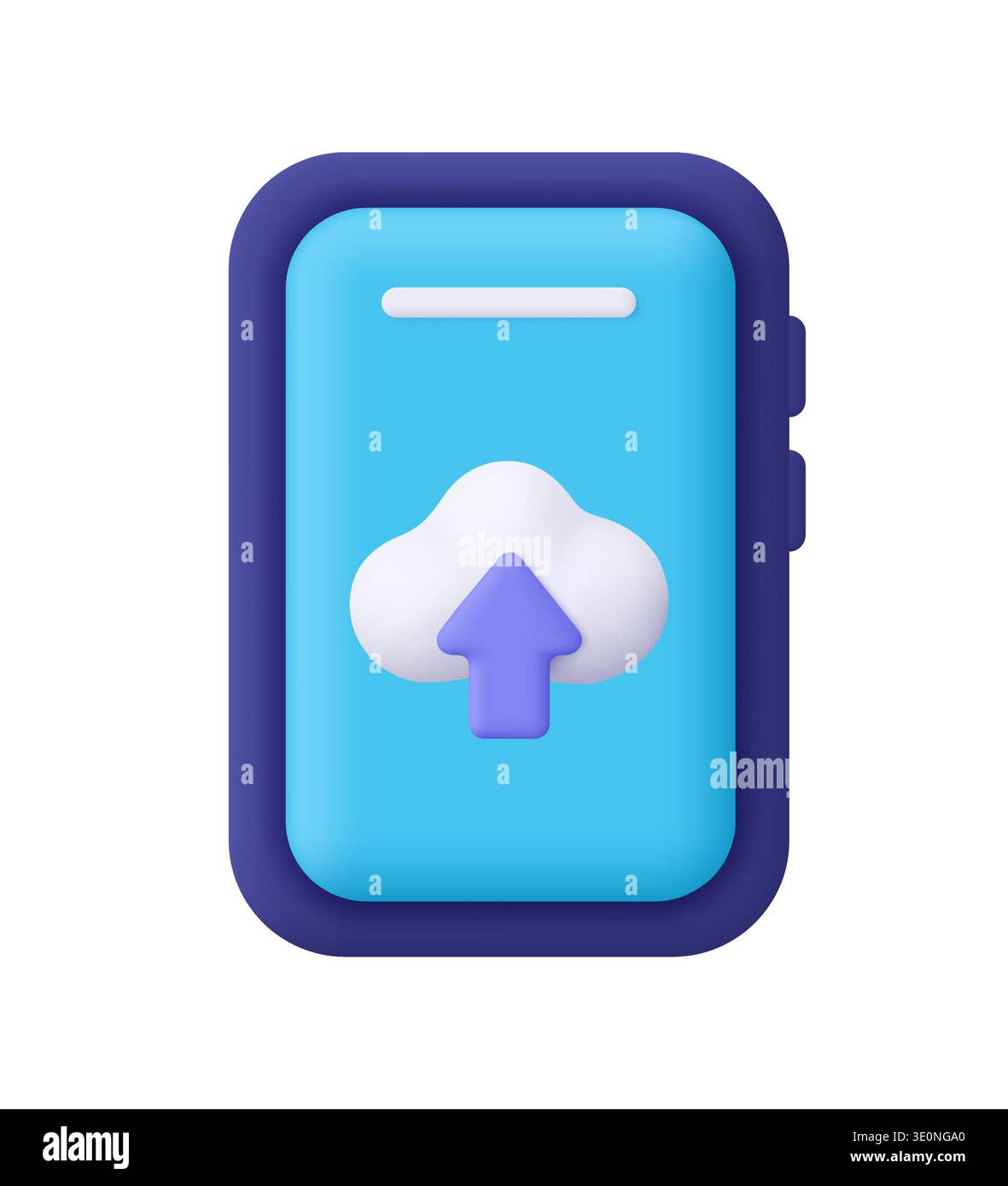 Smartphone with cloud and purple upload arrow on blue screen. Data upload, cloud storage, synchronization, online backup and cloud computing concept. Stock Vector