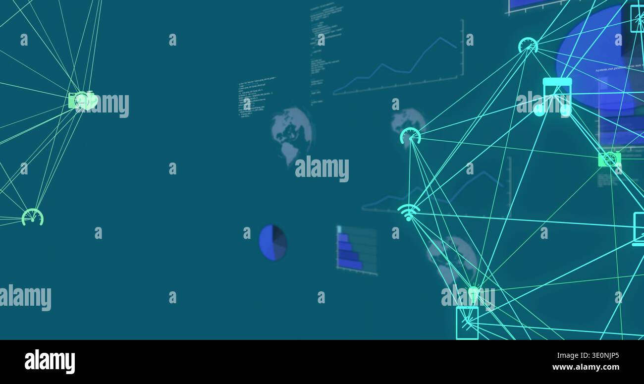 Displaying large spherical wireframe glowing on right in digital interface, with neon nodes Stock Photo
