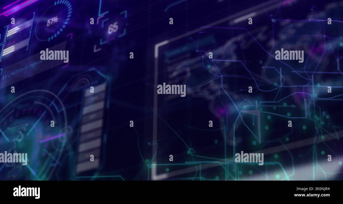 Displaying translucent dashboard animating in dark virtual interface, with 51% gauge, map, nodes Stock Photo