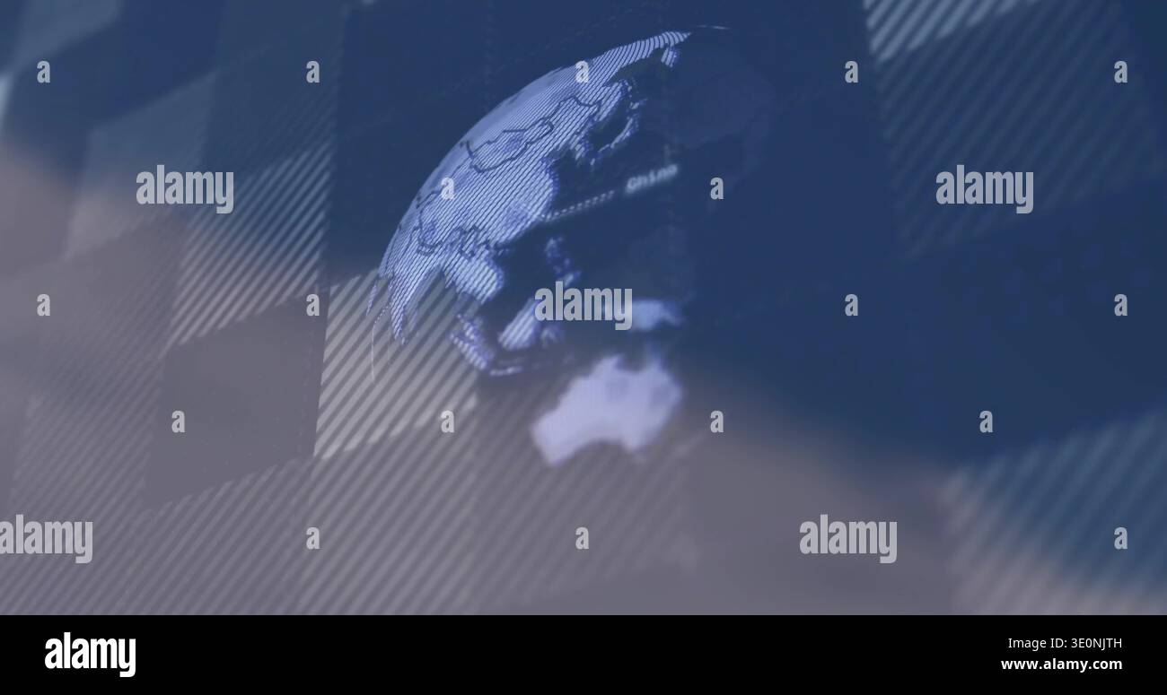 Rotating digital globe hovering over diagonal stripe backdrop showing Australia with scanline Stock Photo