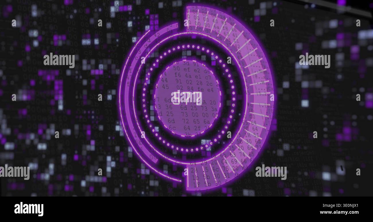Displaying purple circular HUD with concentric rings, segmented arc, numeric 577 in virtual grid Stock Photo