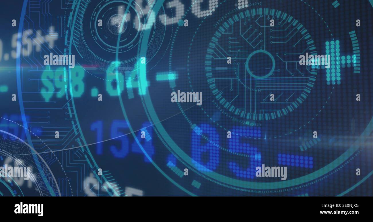 Displaying circular HUD with concentric rings, numeric tickers, circuit traces on data dashboard Stock Photo