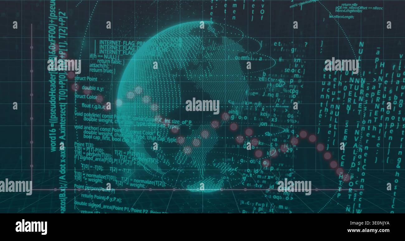 Displaying digitized wireframe globe rotating in VR 3D dashboard, with grid floor and code streams Stock Photo