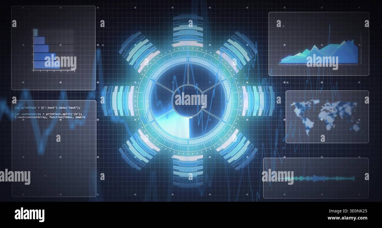 Projecting central circular digital interface over virtual dashboard, showing charts and ECG trace Stock Photo