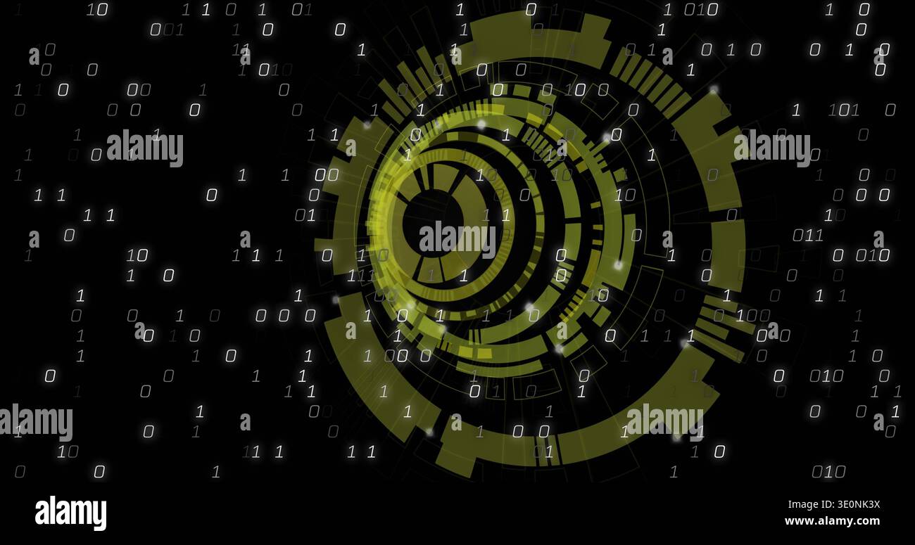 Displaying central circular HUD glowing neon olive on digital plane with gridlines, showing binary Stock Photo