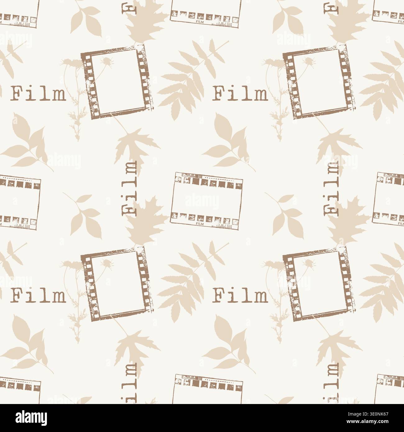 Vintage Seamless Pattern with Analog Film Frames, Typography and Botanical Leaf Imprints in Sepia Tones. Vector illustration Stock Vector