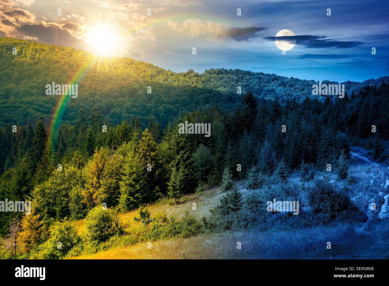 coniferous forest on the steep hillside meadow in summer. day and night time change concept. mountain landscape with sun and moon. epic nature scenery Stock Photo