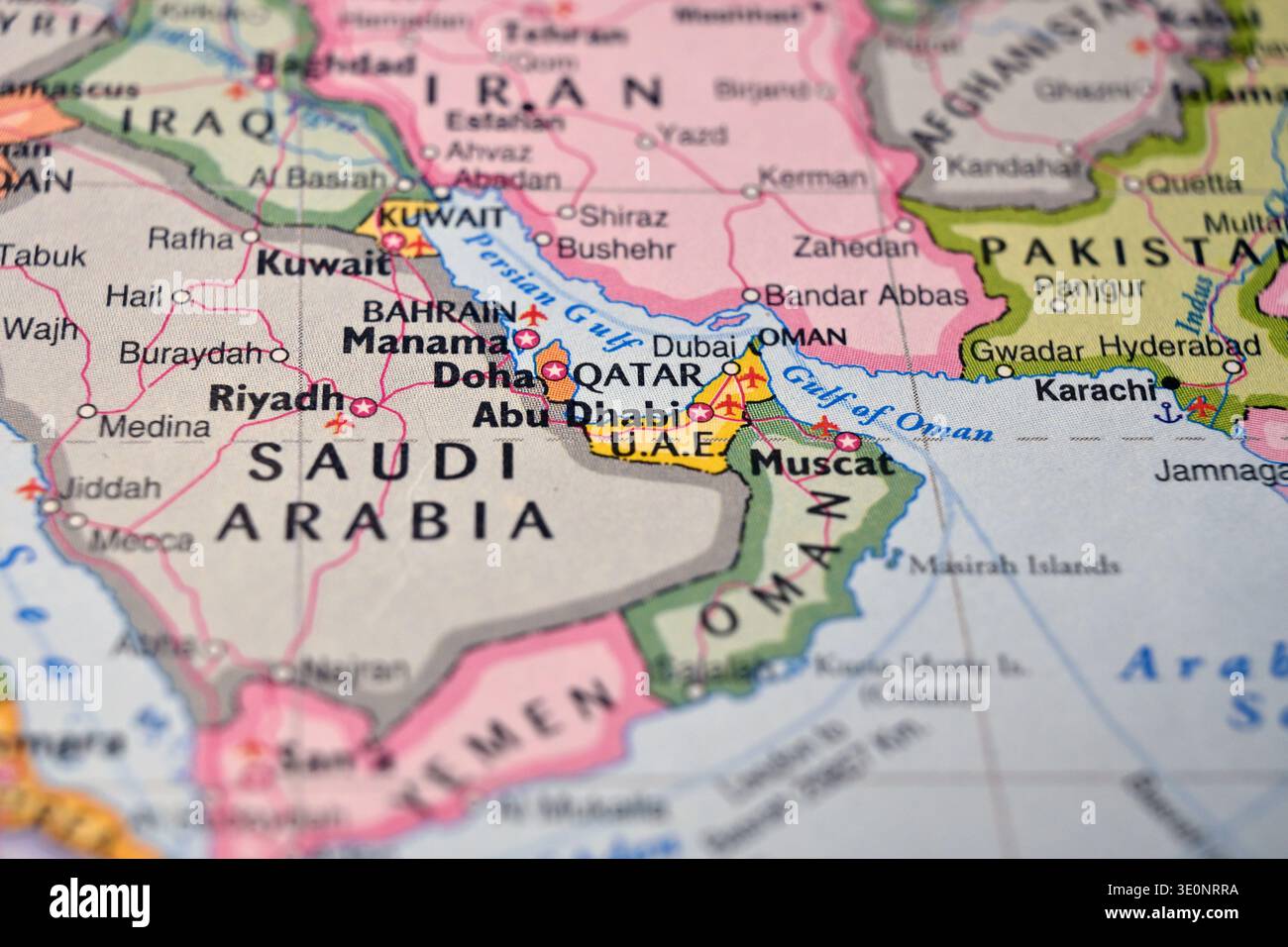 UAE on World Map Close Up Macro Defocused Background Geographic Image Stock Photo
