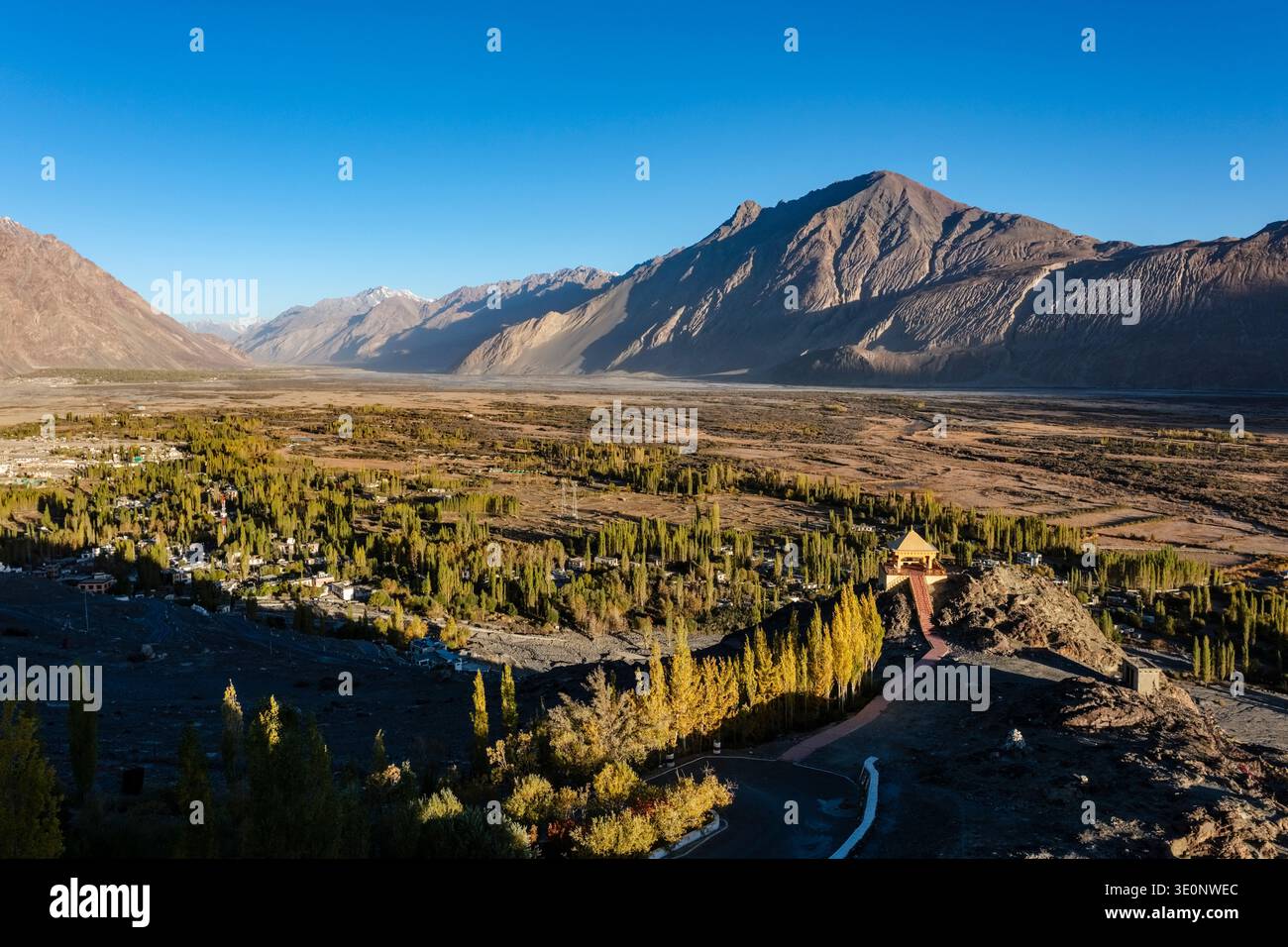 Elevated view of Diskit village and lush green trees set against the vast Nubra Valley and arid Karakoram mountains. Stock Photo