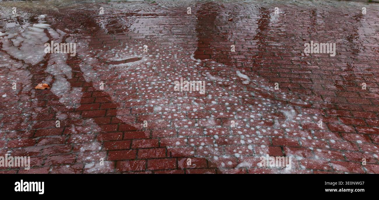 Soapy Foam Wet Red Brick Pavement Stock Photo