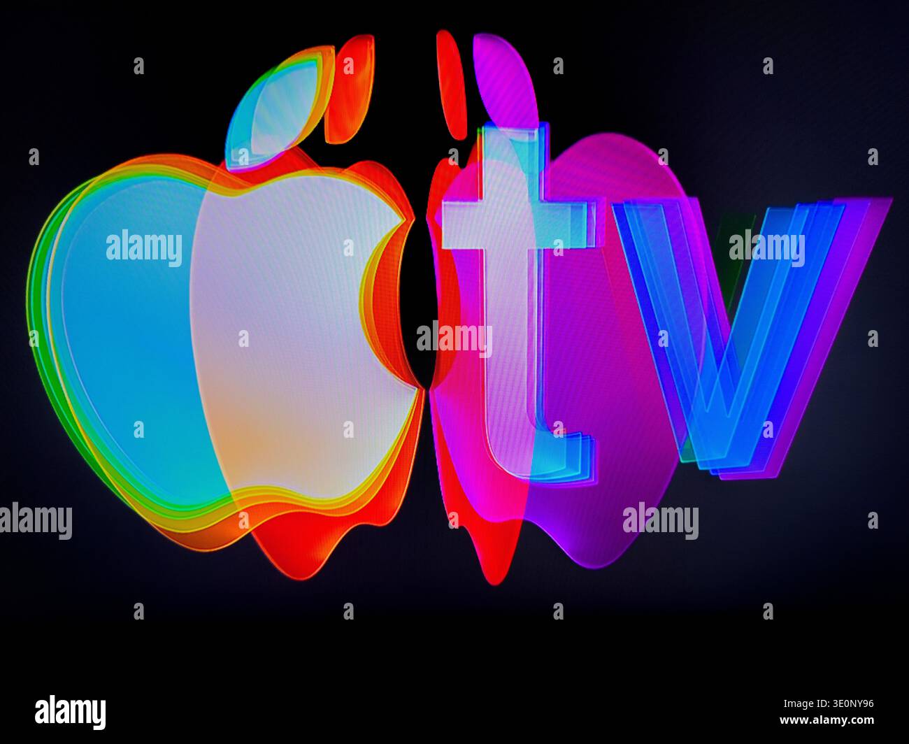 Apple TV logo displayed on television screen, modern Apple streaming service branding captured from TV display. released 3rd November 2025 - Smartphone Captured Stock Image