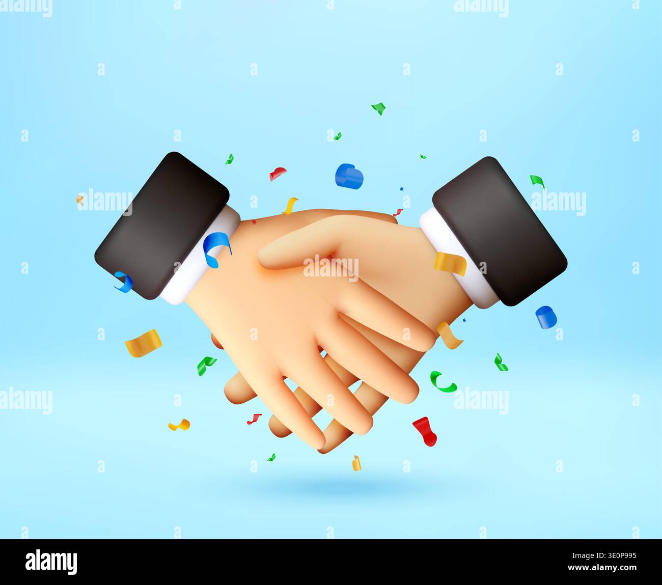 3D Two handshaking businessman hands with confetti Stock Vector
