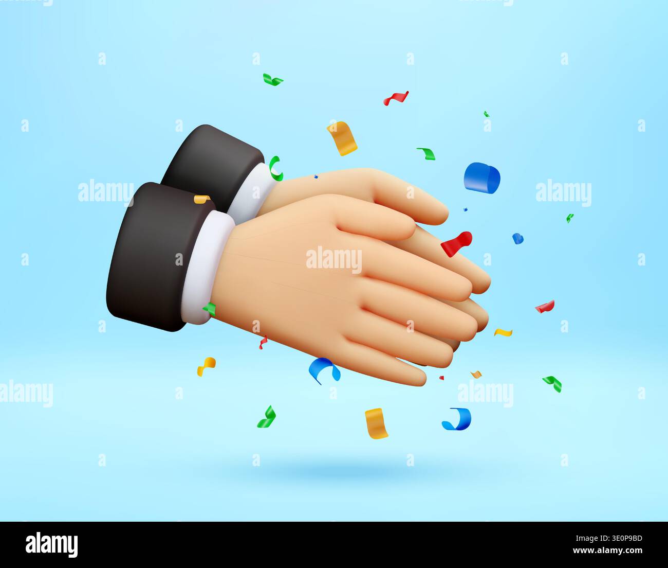 3D hands clapping with colorful confetti. Stock Vector