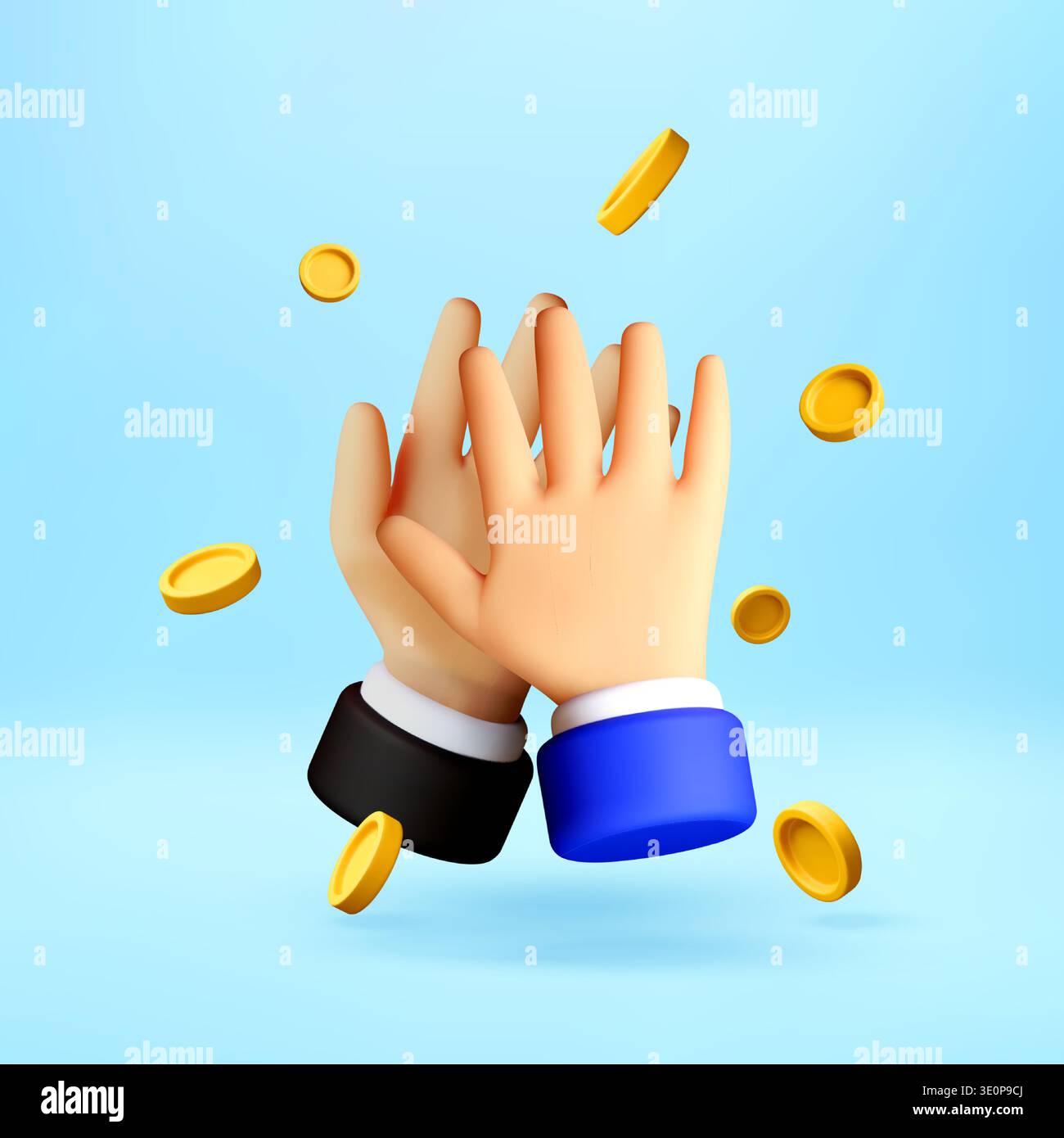 3D Two hands giving a high five and gold coins Stock Vector