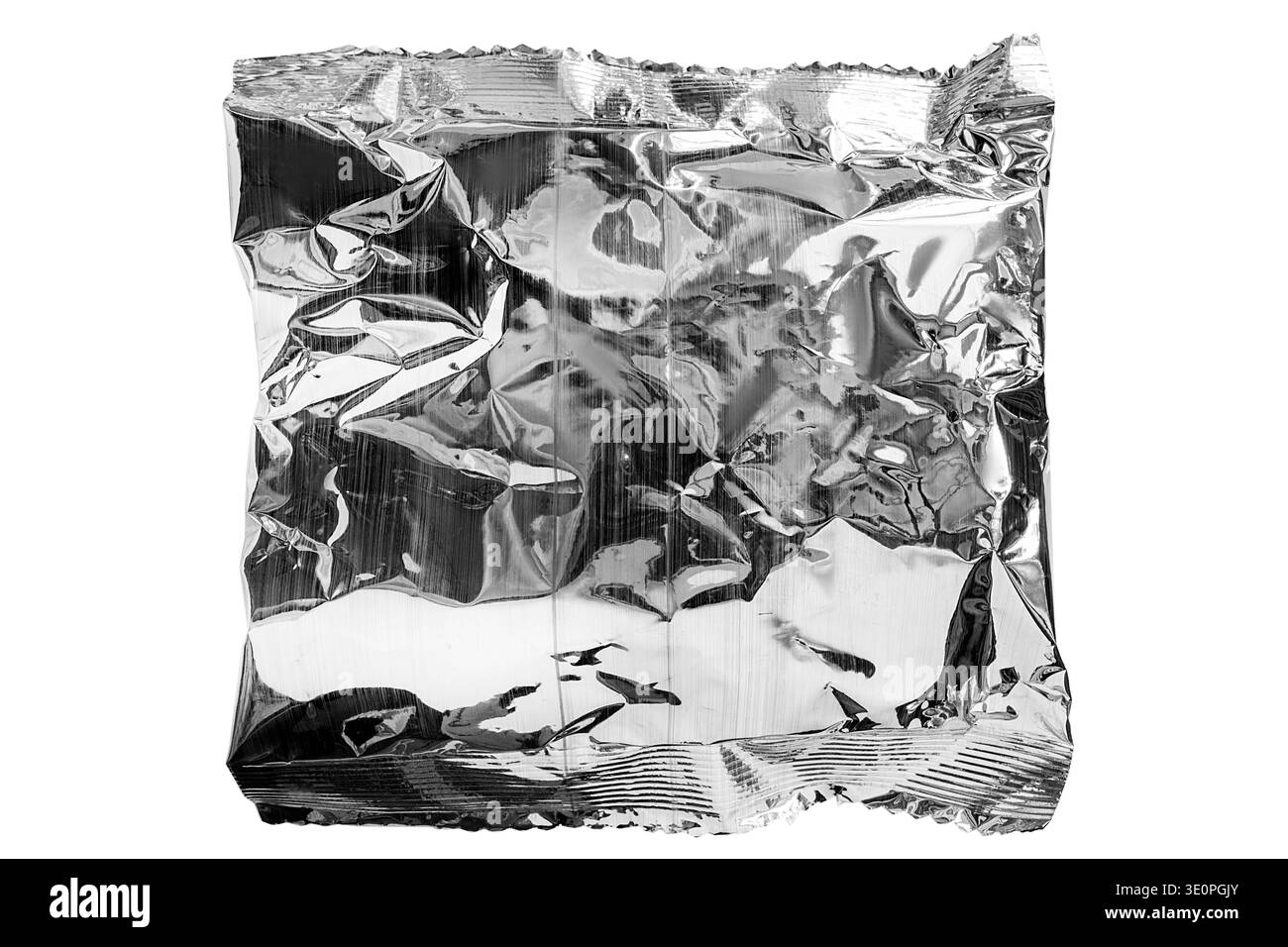 Silver metallic foil packet isolated on white background Stock Photo
