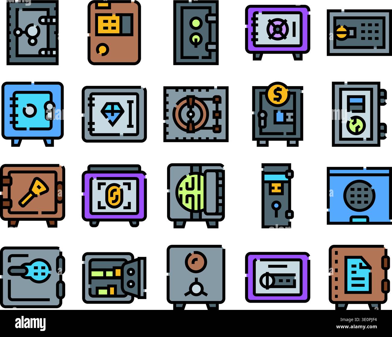 Safe boxes and vaults protecting valuable belongings icons Stock Vector ...