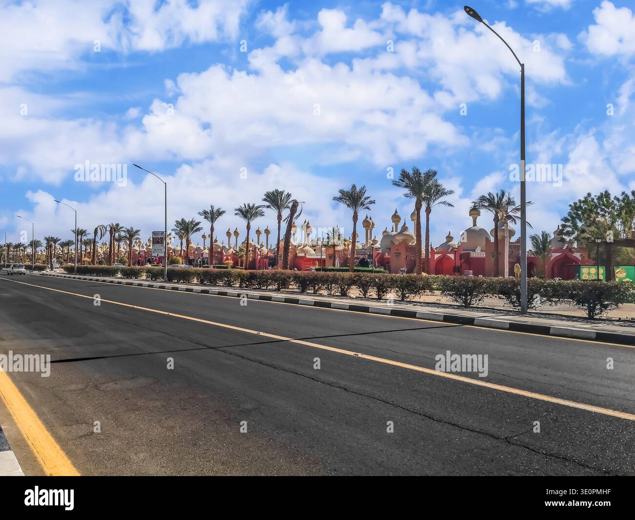 Sharm El Sheikh, Egypt - January 18, 2020: View from Al Fanar street to Alf Leila Wa Leila entertainment center in Sharm El Sheikh. Highway - Smartphone Captured Stock Image