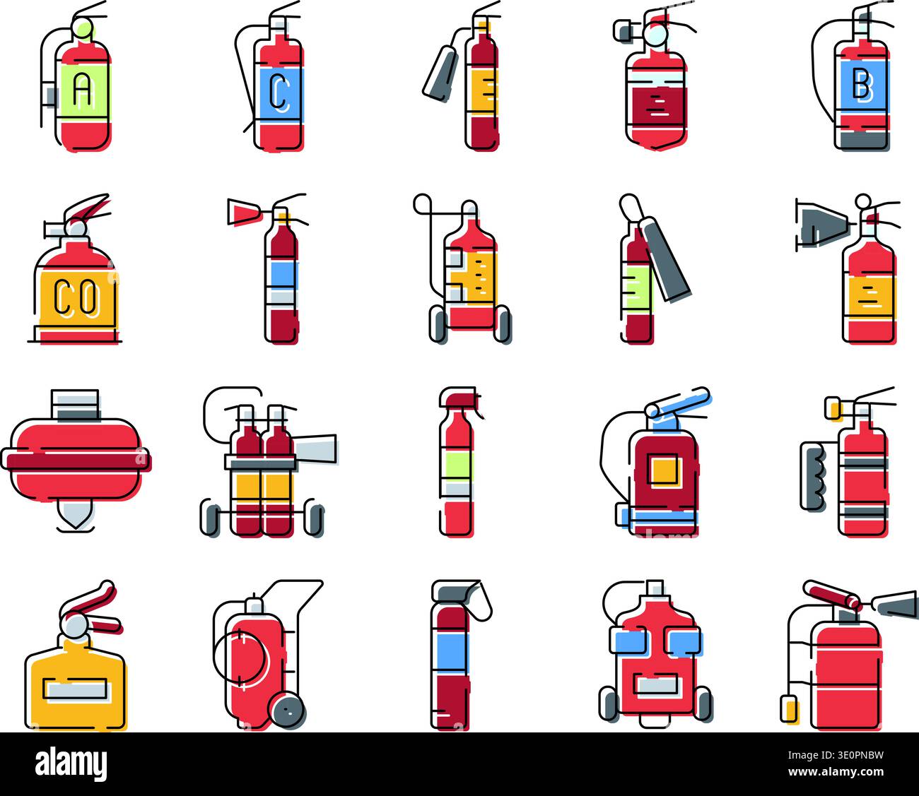 Different types fire extinguishers safety equipment collection Stock ...