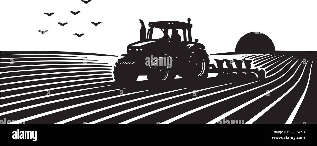 Black and white vector silhouette of a tractor plowing farming fields ...