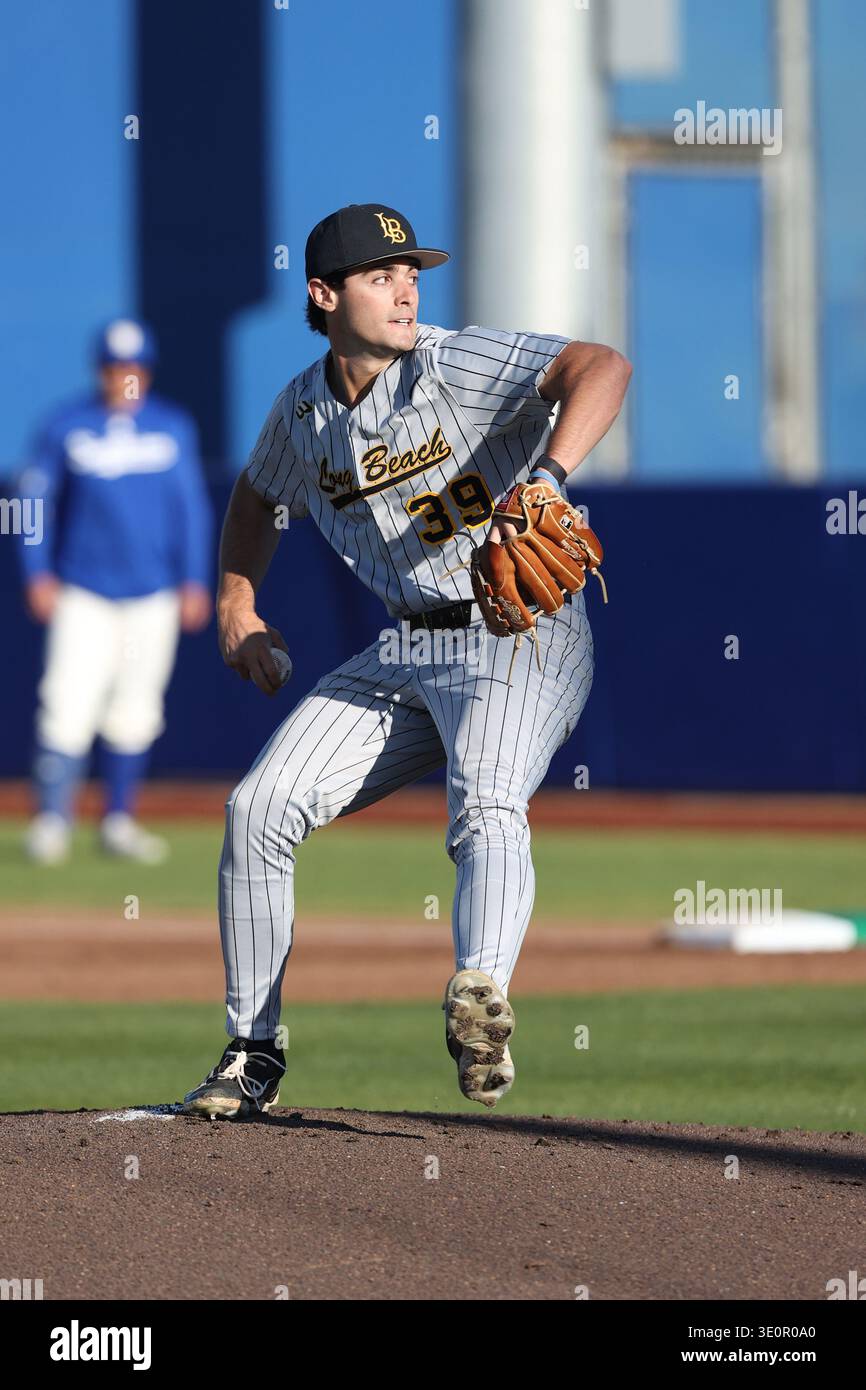Jake Fields (39) of the Long Beach State Dirtbags pitches against the ...