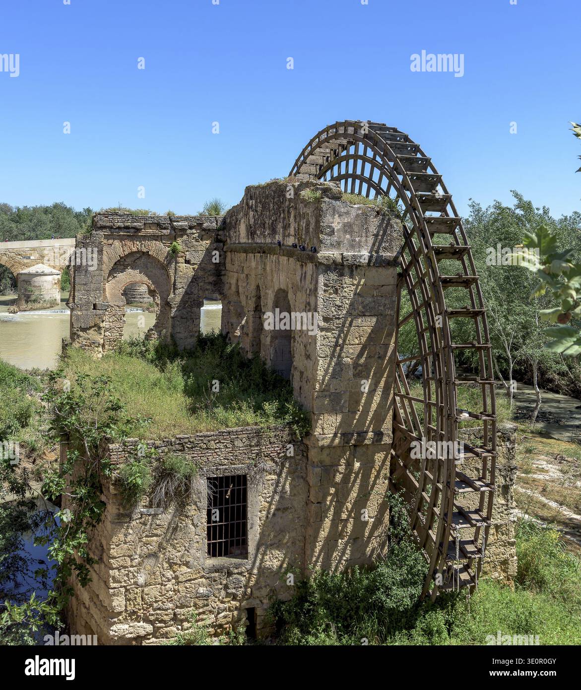 Ancient ruin of a water wheel on a river surrounded by nature, Cordoba ...