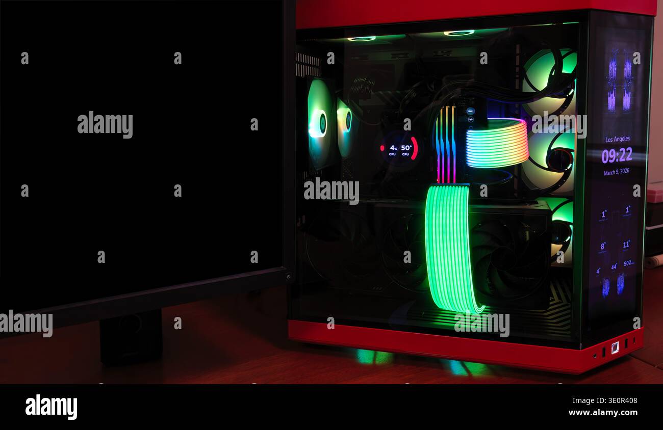 Modern large powerful workstation computer for AI processing and data storage. Plus, high performance components for advanced video rendering. Artific Stock Photo