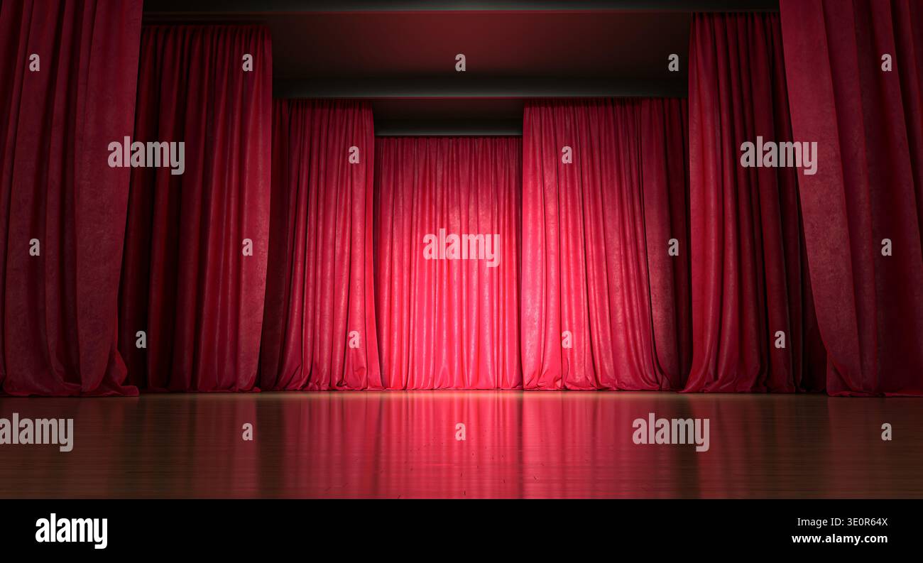3d Red velvet curtains closing a theater stage Stock Photo