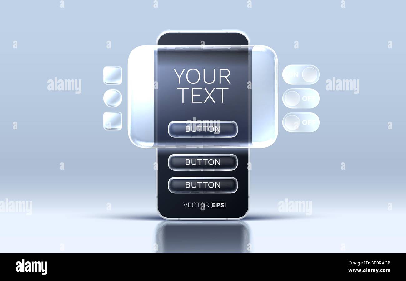 Modern smartphone with a sleek transparent user interface concept, showing buttons and toggles. Vector illustration. Stock Vector
