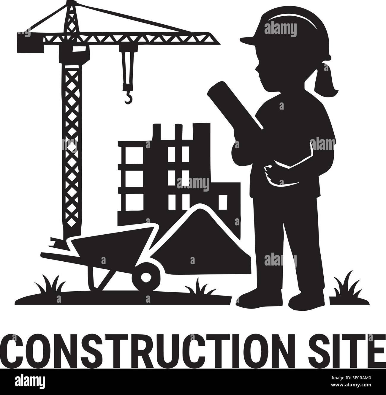 Black vector silhouette of a construction site scene with worker crane ...