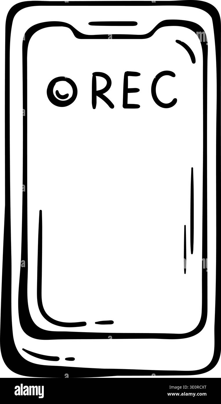 Smartphone Video Recording Status Icon. Mobile Camera Interface with REC Indicator for Vlogging, Hand-Drawn Vector Doodle. Stock Vector