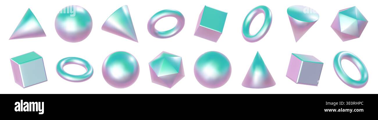 Holographic 3d elements in white rectangular shape. Pink pyramid y2k and solid math hexagon. Triangle figure object, multicolor blue green pink Stock Vector