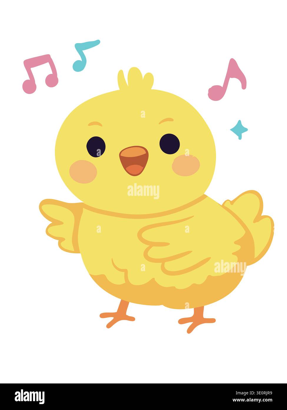 Cute yellow chick singing with music notes Stock Vector