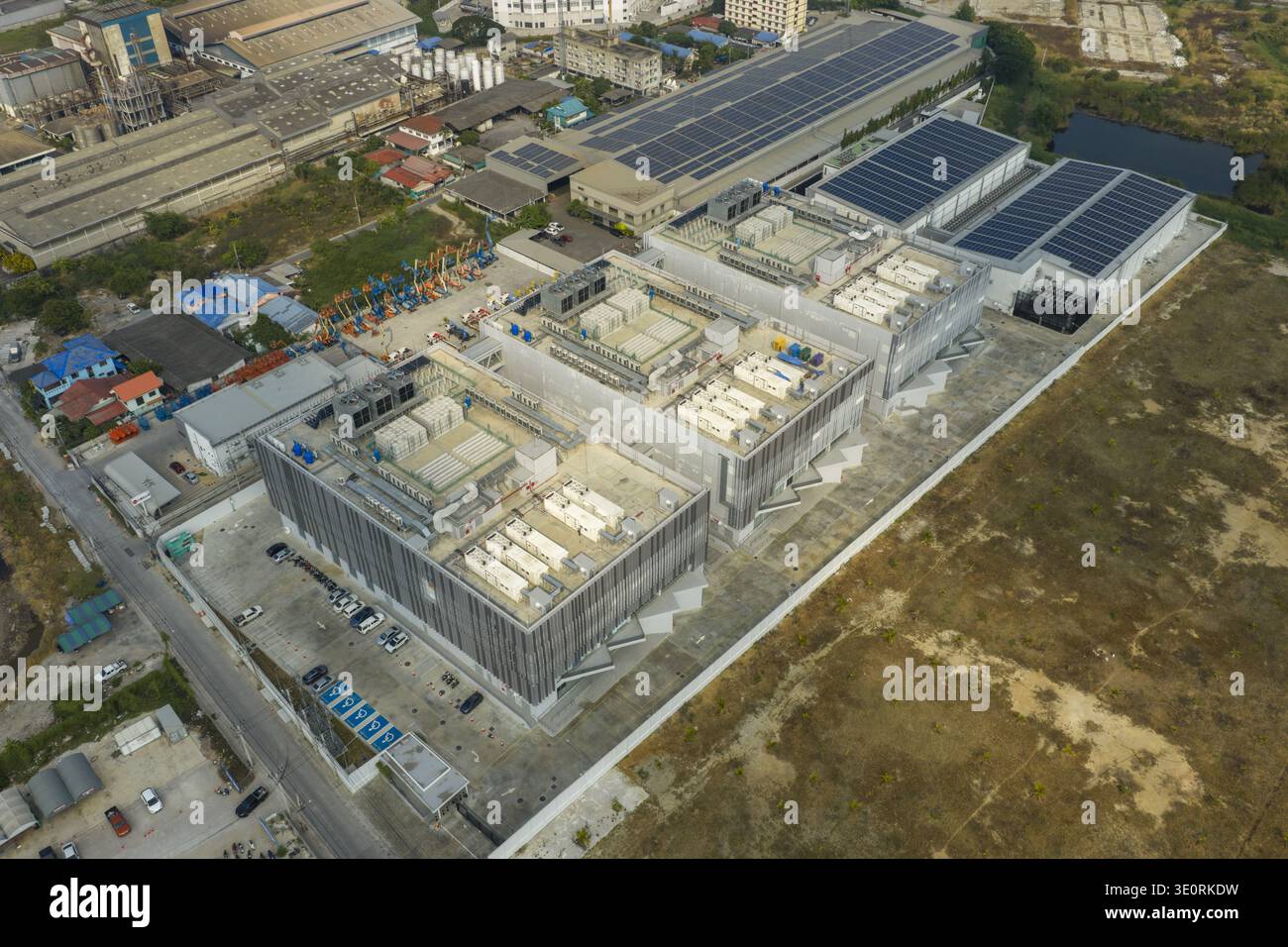 Aerial view of modern ai data center campus creating a network and ...